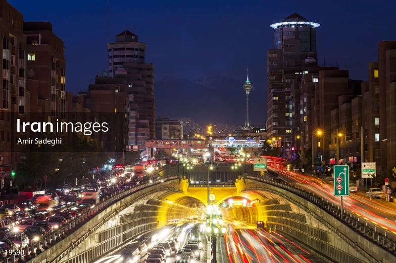 Tehran Tohid Tunnel and Milad Tower at night