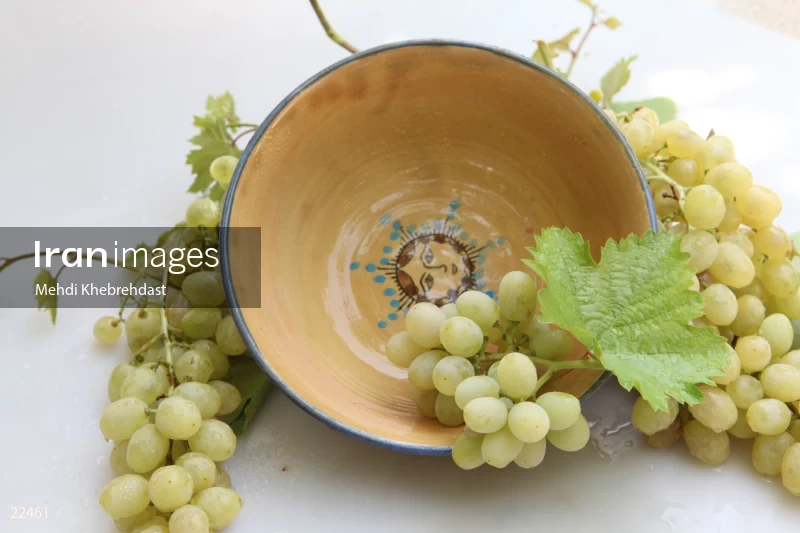 Bunch of green grapes in bowl on white background